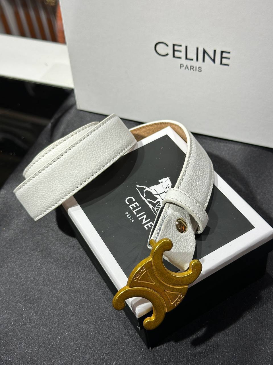 Celine Triomphe Belt White Leather