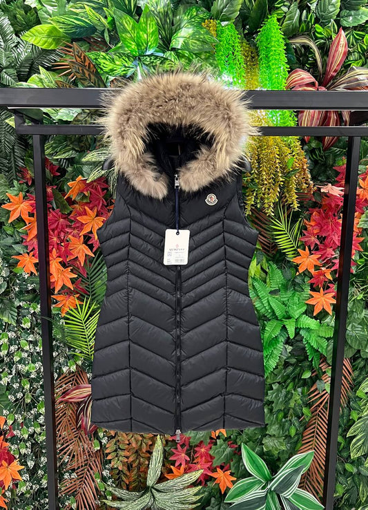 Moncler Long Down Vest with Fur Hood Black