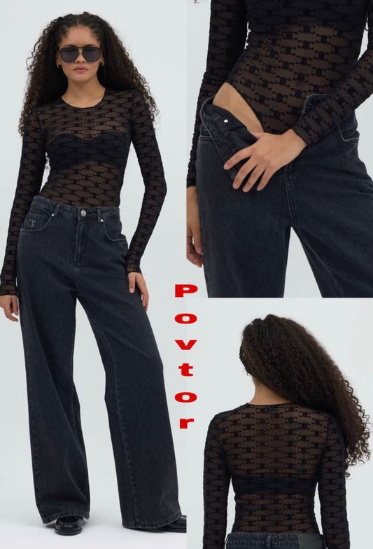 CELINE Triomphe Black Long Bodysuit