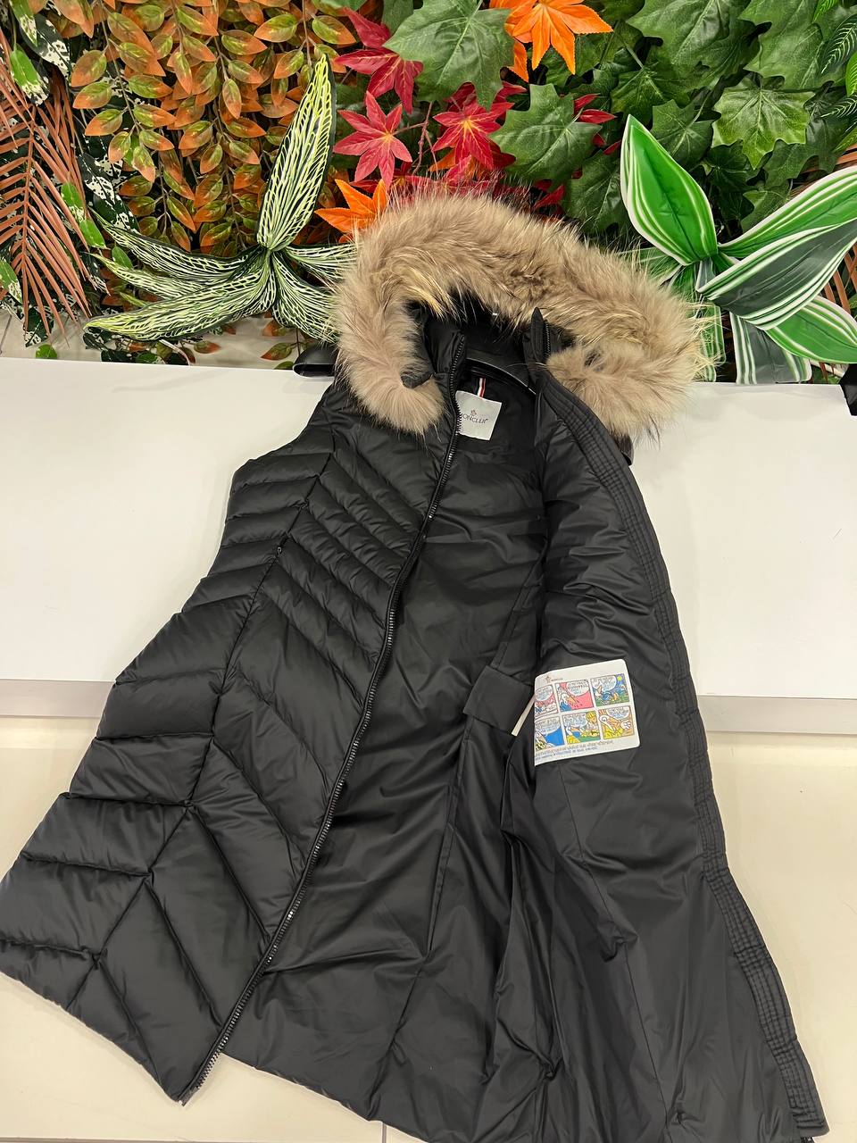 Moncler Long Down Vest with Fur Hood Black